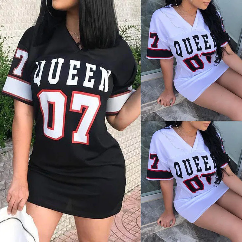 

V Neck Letters Print Women T Shirt Dress Loose Casual Short Sleeve Fashion Sexy Female Dress Hip Hop Style Summer Mini Dresses