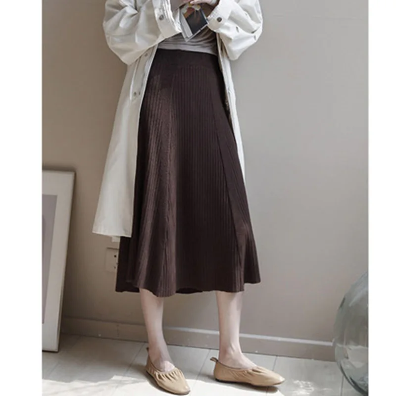 Coffee Skirt Зимние женские миди юбки корейские повседневные женские трапециевидные расклешенные с высокой талией однотонные трикотажные толстые длинные свитера юбки женские - Цвет: Coffee Skirt