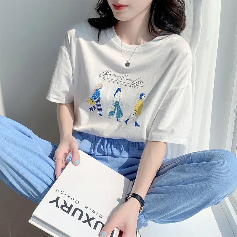 

Новая летняя хлопковая свободная футболка Hzirip с круглым вырезом и принтом, популярная женская повседневная Однотонная футболка с коротким ...