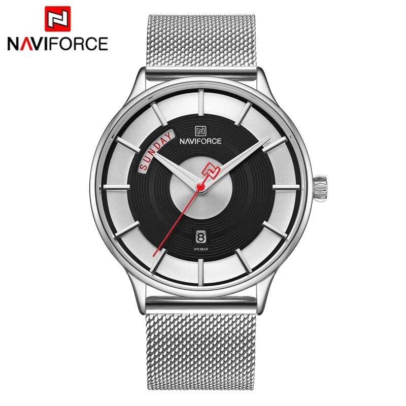 Silver Black NAVIFORCE Мужские Аналоговые кварцевые часы от ведущего бренда, мужские Модные Роскошные бизнес часы из нержавеющей стали, повседневные спортивные водонепроницаемые часы - Цвет: Silver Black