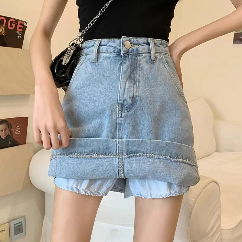 

Джинсовые шорты, юбки, летние, голубые, трапециевидные, с высокой талией, 4xl, 5xl