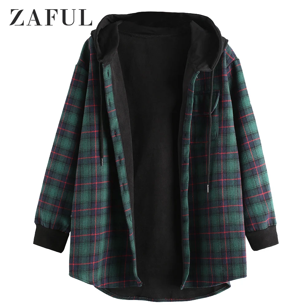 

ZAFUL Pockets Plaid Jacket Hooded Coat Women Winter Flannel Long Sleeve Button Loose Outerwear Casual Ladies Office Outwear Tops