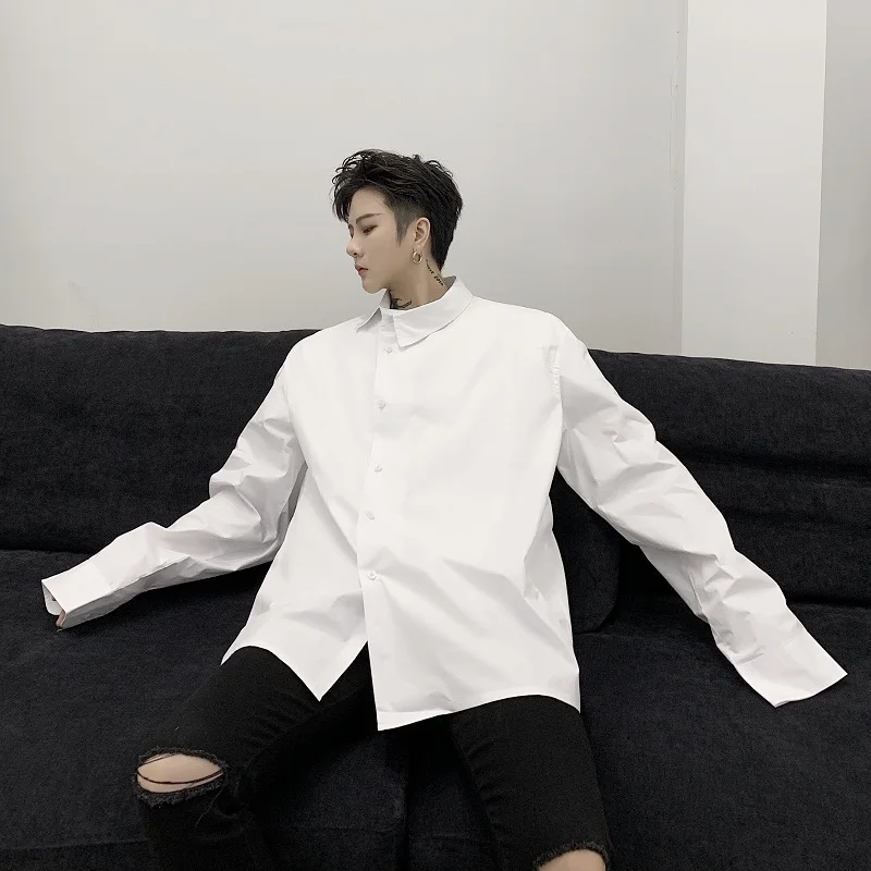 Рубашка мужская свободного покроя винтажная модная сорочка с неровной планкой