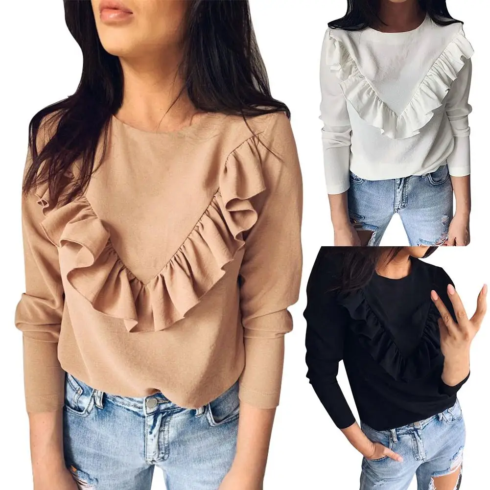 Women Casual Solid Color O Neck Long Sleeve Stitching Ruffled Hem Slim Blouse | Женская одежда