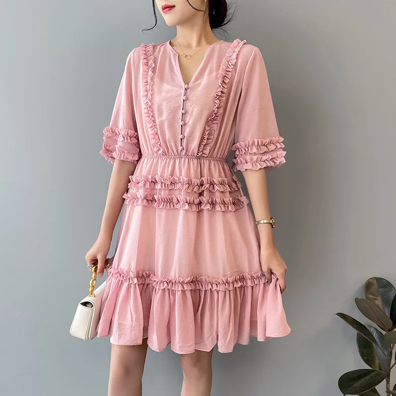 

Pink Chiffon tea break French Korean temperament skirt design small women's summer Fairy Dress