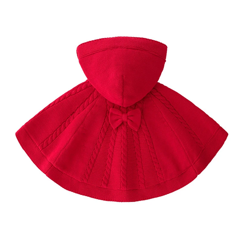 

2021 Newborn Kids Baby Girl Clothes Cotton Warm Velvet Knitted Sweater Hooded Red Cloak With Bow for Children Toddler Girls