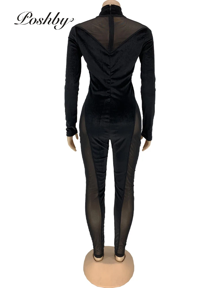 

Poshby Velvet Patchwork Women Autumn Jumpsuit Mesh Long Sleeve Sexy Club One Piece Romper High Waist Corset Female Skinny Outfit