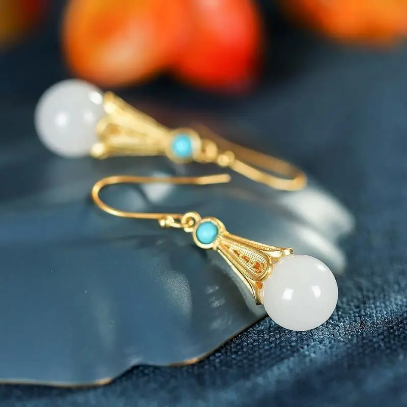 

New silver inlaid natural Hetian white jade earrings Chinese style retro unique ancient gold craft charm women's brand jewelry
