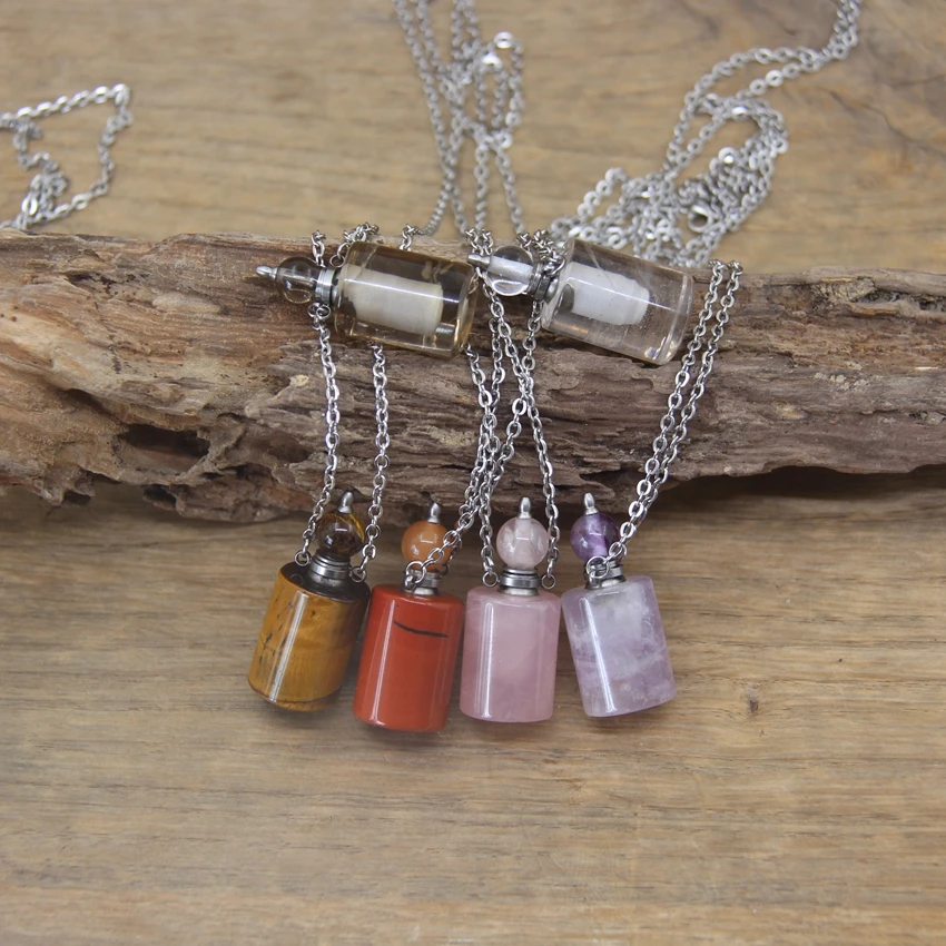 

Cylinder Crystal Quartz Perfume Bottle Pendants Silvery Necklaces Amethysts Red Jaspers Essential Oil Vial Charms Jewelry QC1035