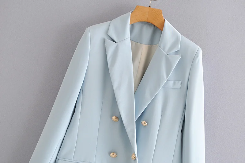 womens blazers jacket autumn new blue metal double-breasted suit collar mid-length temperament blazer women