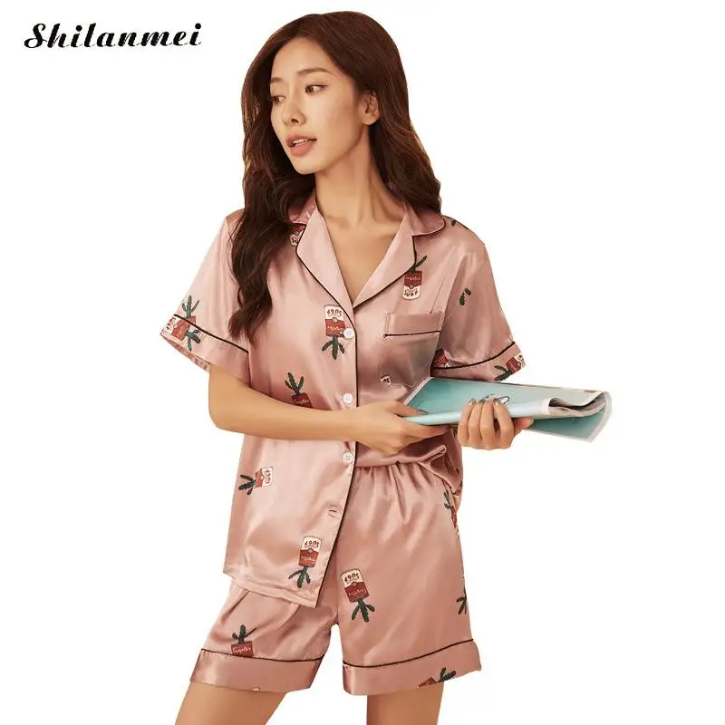

Cute Pajamas For Women Heart Printed Korean Sleepwear 2020 Spring Summer Shorts Women Two Pieces Pajama Sets Home Suit Lounge
