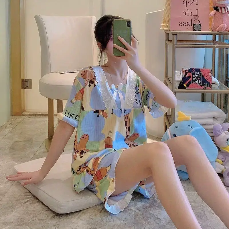 

Pajamas Sets Women Trim Bow Ruffled-Sleeve Loose Sweet Princess Printed Home Wear Girls Soft Comfortable Skin-friendly Trendy