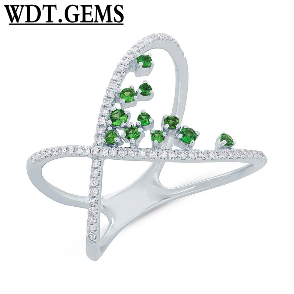 

10K White Gold Floating Green Garnet Gemstone Diamond Crossover X Cocktail Ring