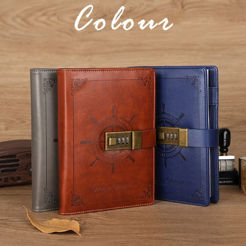 

Retro Business Notebook Pocket Notepad Notebook w/Password Lock Clip Pen Holder Study Notebook School Office Stationary 1XCE