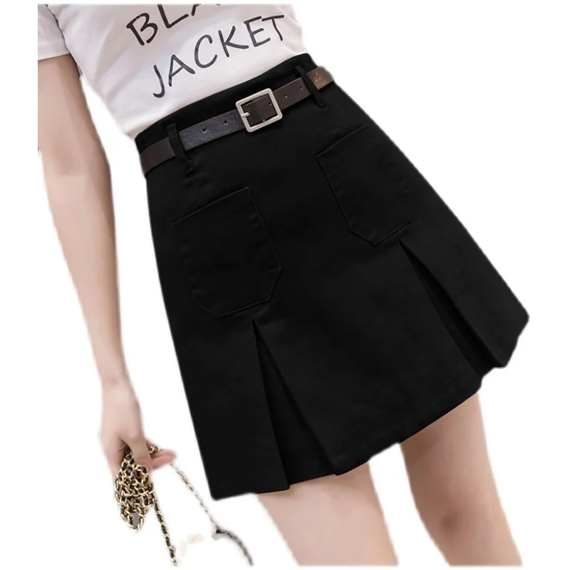 

Stretch Denim Mini Pleated Skirt Women's Spring Summer High Waist Fashion Korean Style Pocket A- Line Skirts Belt Streetwear