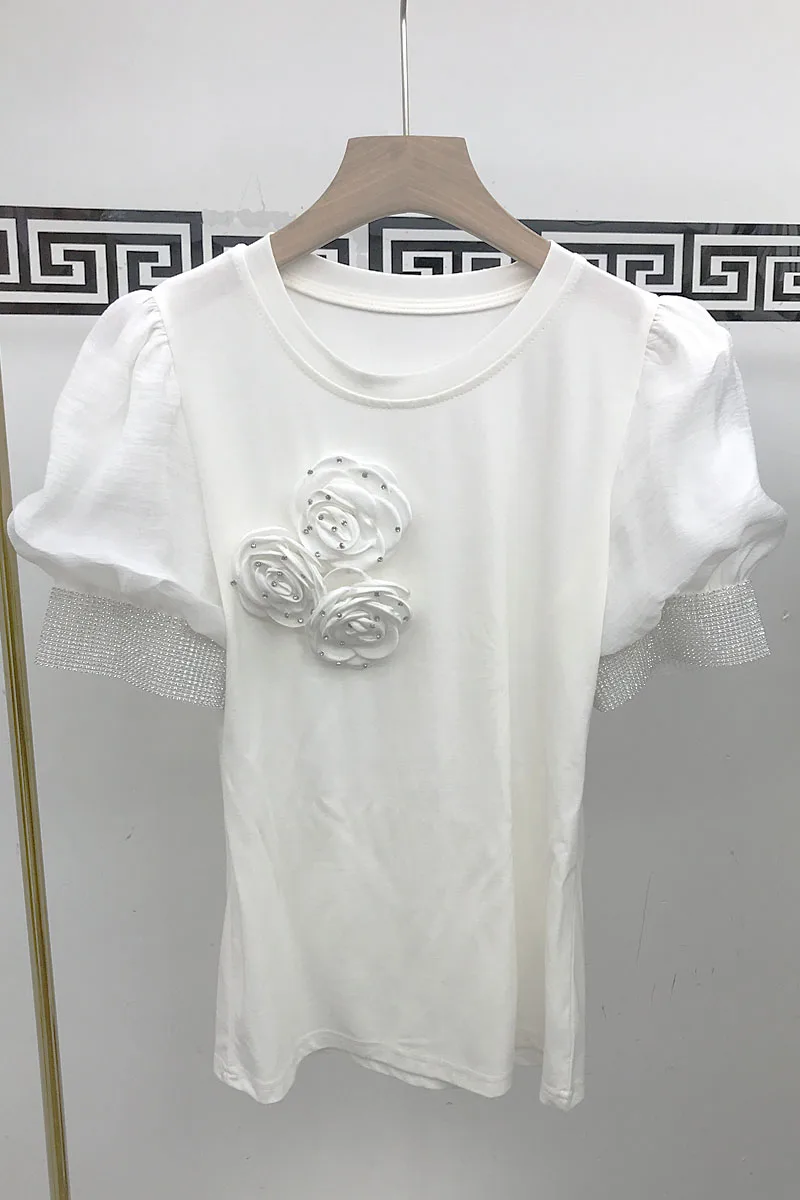 

2021 Summer Korean Diamond-Embedded Flower Short Sleeve Solid Color Chiffon Stitching Puff Sleeve T-shirt Women's Top