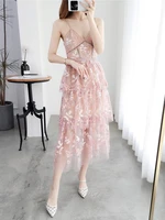 design pink suspender dress lace embroidery fairy skirt perspective high waist mesh small dress dress dress