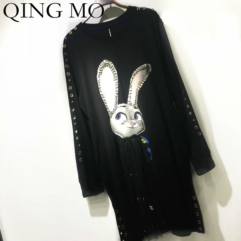 QING MO женское платье с кроликом бусинами женские круглые кольца Открытое Офисная