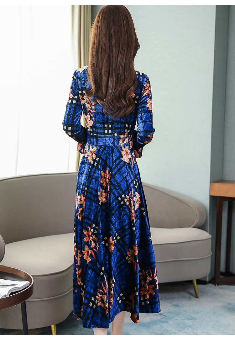 Vintage Floral Velvet Maxi Dresses Autumn Winter 3XL Plus Size Long Sleeve Midi Dress Elegant Women Bodycon Party Vestidos