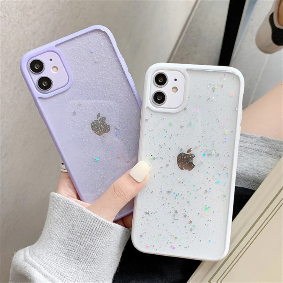 Star Bling Glitter Phone Case For iPhone 13 11 Pro Max XS Clear Back Love Heart Cover For iPhone 12 Mini XR X 7 8 6 Plus SE 2020