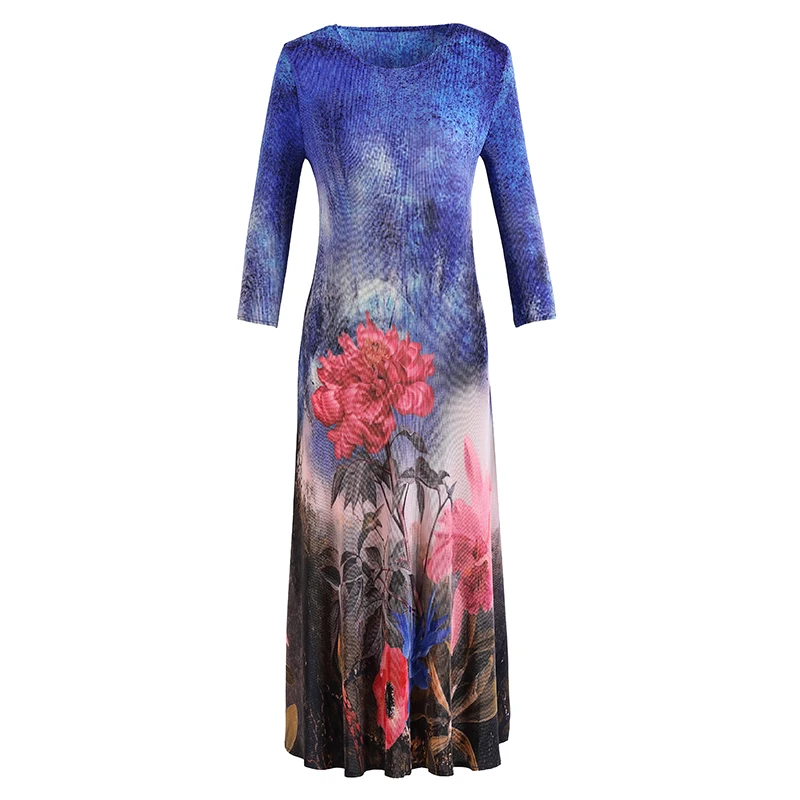 

Plus Size Dress For Women 45-75kg Vintage Chinese Style Printed Round Neck Stretch Miyake Pleated Three Quarter Sleeve Dress