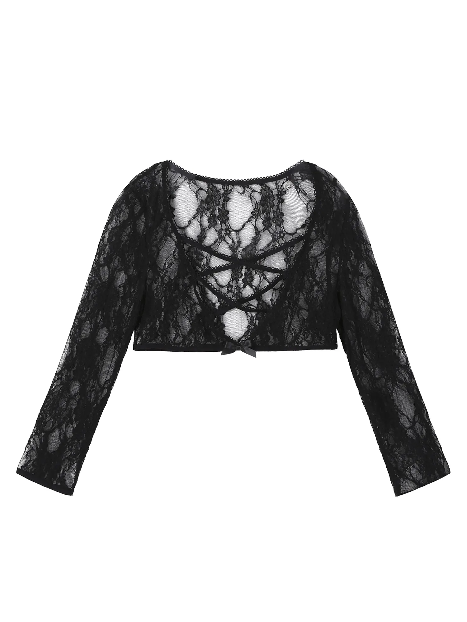 

Womens See-through Lace Rave Crop Top Floral Pattern Three Quarter Rave Costume Sleeve Front Hollow Out Tops Party Bar Clubwear
