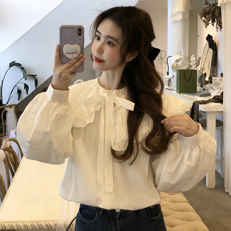 

KUSAHIKI Korean Bow Tie Peter Pan Collar Women Blouse Causal Long Sleeve Doll Shirt 2021 Spring New Sweet Blusas Mujer 6E535