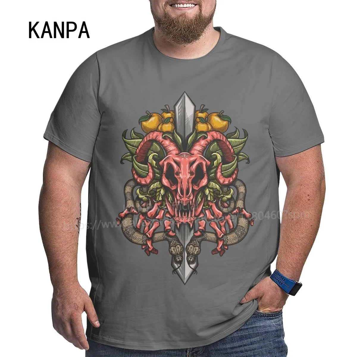 

Kanpa 100% Cotton The Devil Skeleton T Shirts for Big Men Pattern Men Clothing Workout Tops Oversized Grey T-shirt Plus Size