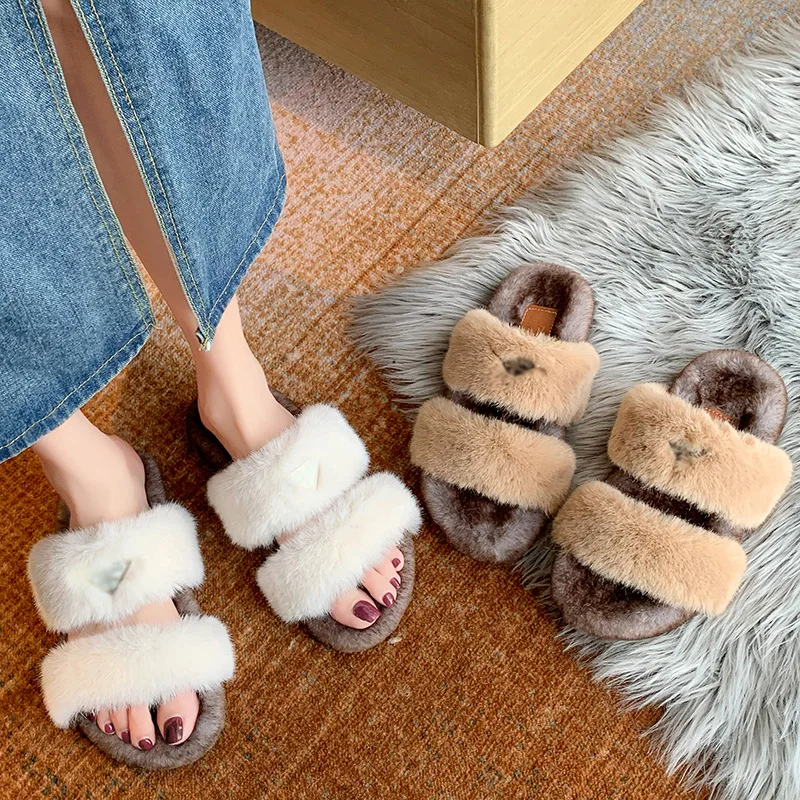 

Autumn Women Sandals Women's Fashion Shoes Fur Slides Flat Slippers for Women Warm Comfortable Woman Sandals Soft Open Toe Shoes