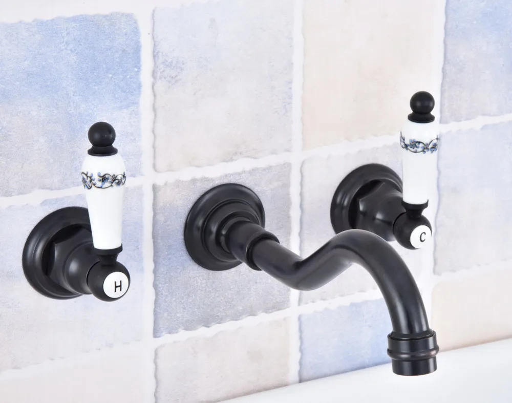 

Bathroom Brass Dual Ceramics Handles Basin Sink Faucet Wall Mount Bathroom Mixer Tap Black Oil Rubbed Brass Nsf496