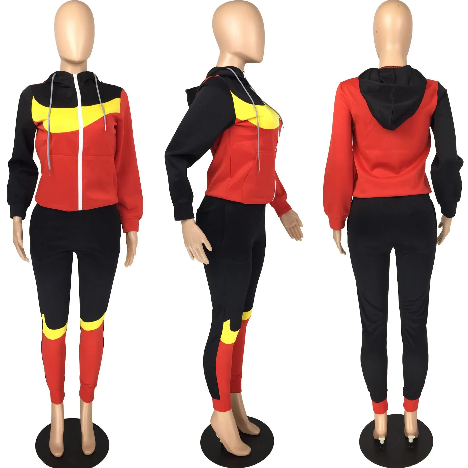 

HAOOHU Patchwork Sweatsuit Two 2Piece Set for Women Fall Winter Outfits Hooded Jacket + Pants Set Street Sport Tracksuit