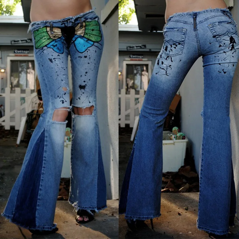 

Painted holes frayed denim fringed trousers classic print low-waist denim big flared trousers