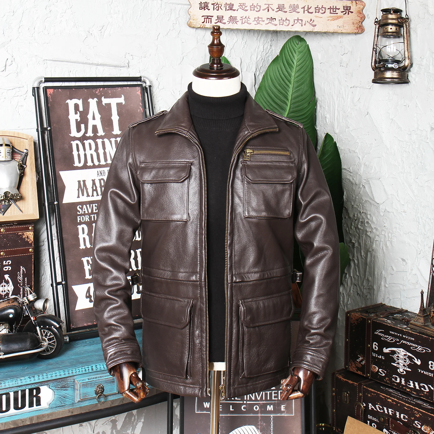 

Pure cow leather medium and long leather coat top leather material single leather jacket thin Multi Pocket casual Lapel coat