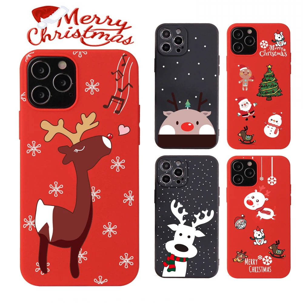 Cartoon Christmas Matte Case For iPhone 13 11 Pro Max 7 8 Plus 6 XR XS SE20 12PRO Cute Deer Silicone Cover Coque New Year Gift