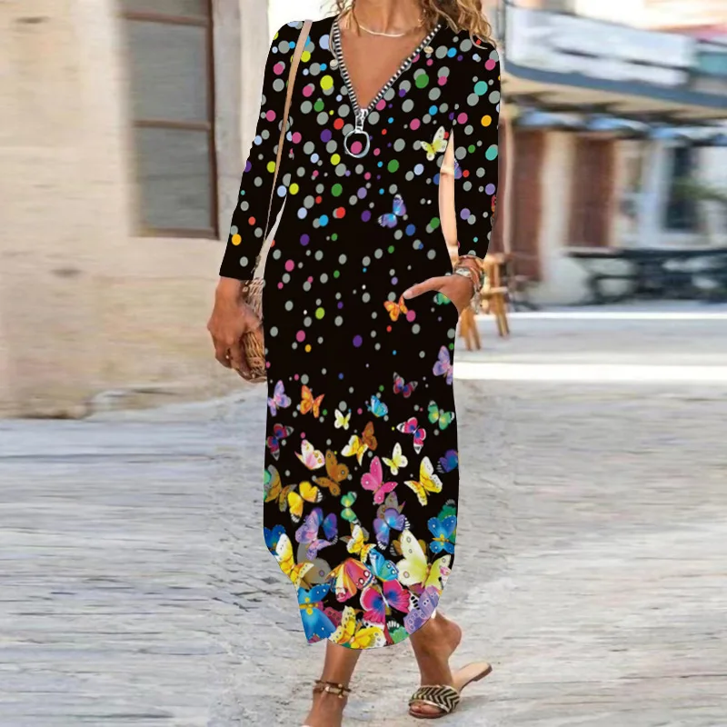 Женское платье макси с цветочным принтом V-образным вырезом и длинным рукавом -