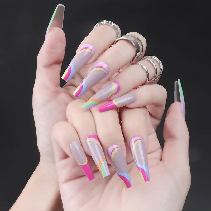 

24PCS Colorful Lines False Nails Girls Sweet Style Long Press on Nails Wearable Finished Nail Piece with Jelly Gel SOYW889