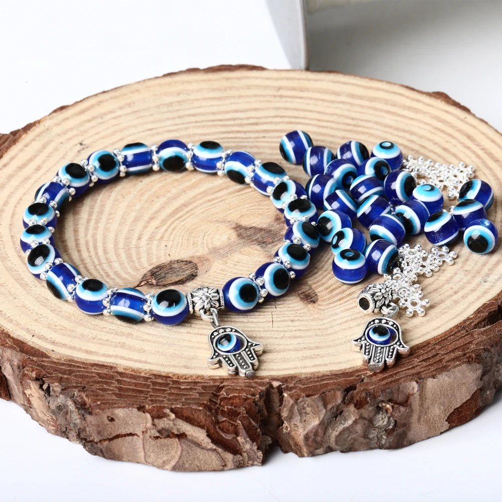 

Brand new 21pcs /8mm evil eye beads evil eye bracelet diy rubber beads alloy Fati palm handmade accessories