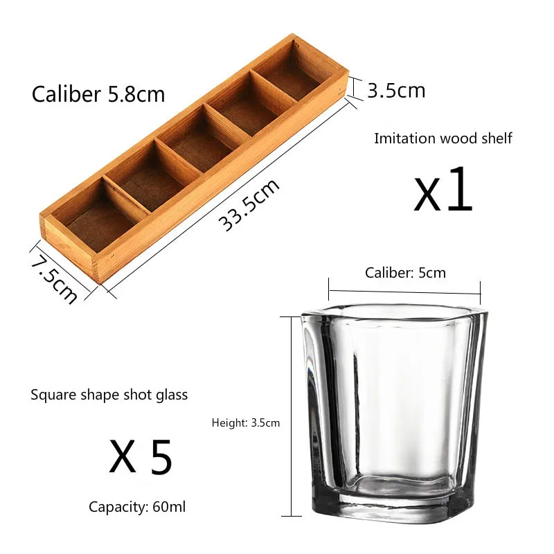 

60ml Square Shot Glass Bar Set Imitation Wood Wine Shelf Vodka Cocktail Shochu Wine Set 5pcs Wine Glass Cup Bar Drinkware