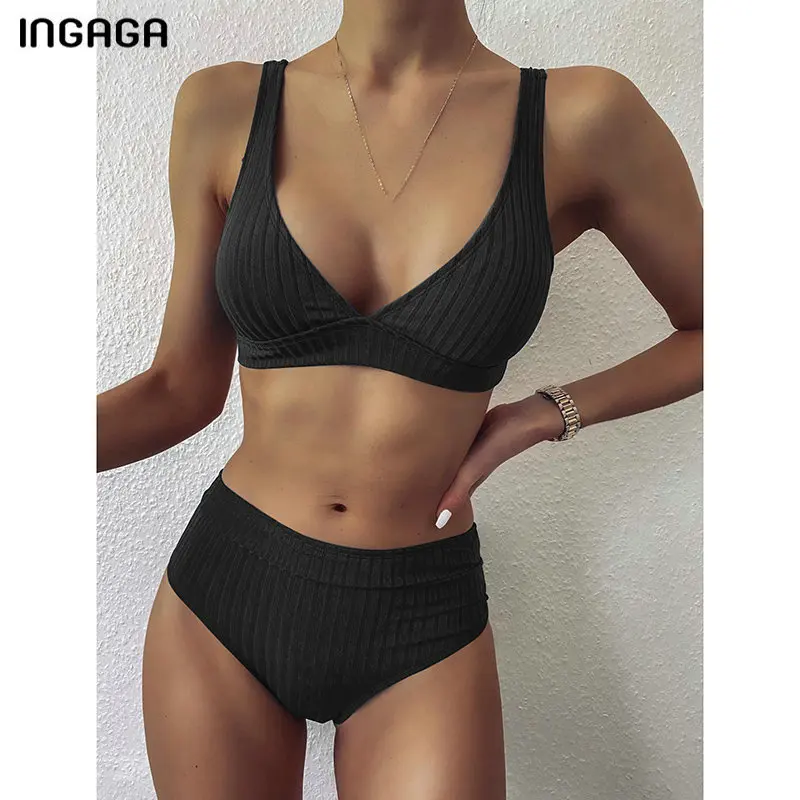 

INGAGA Sexy Bikinis High Waist Swimwear Women's Swimsuits Push Up Biquini Ribbed Bathing Suits Black V-Neck Bikini Set 2021 New