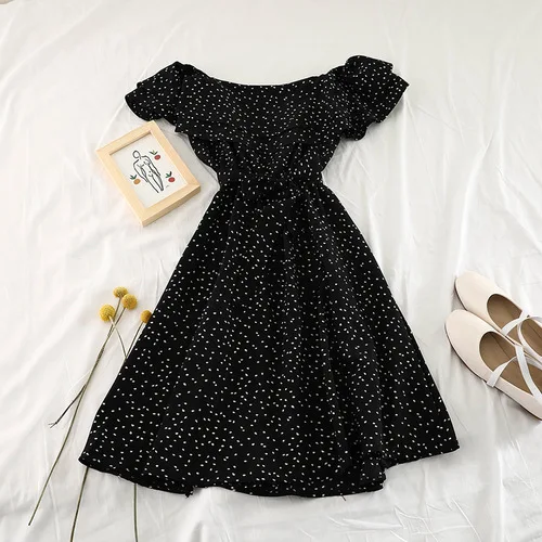 

2020 New Fashion Women's Summer Dresses Fresh Ruffled Waist Slimming Straps Bow Chiffon Floral Dress
