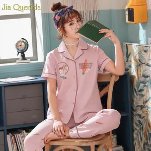 Пижамный комплект для женщин, пижама из 100% хлопка, модная Розовая домашняя одежда, ночная одежда с коротким рукавом, длинные штаны, Студенческая пижама для девочек