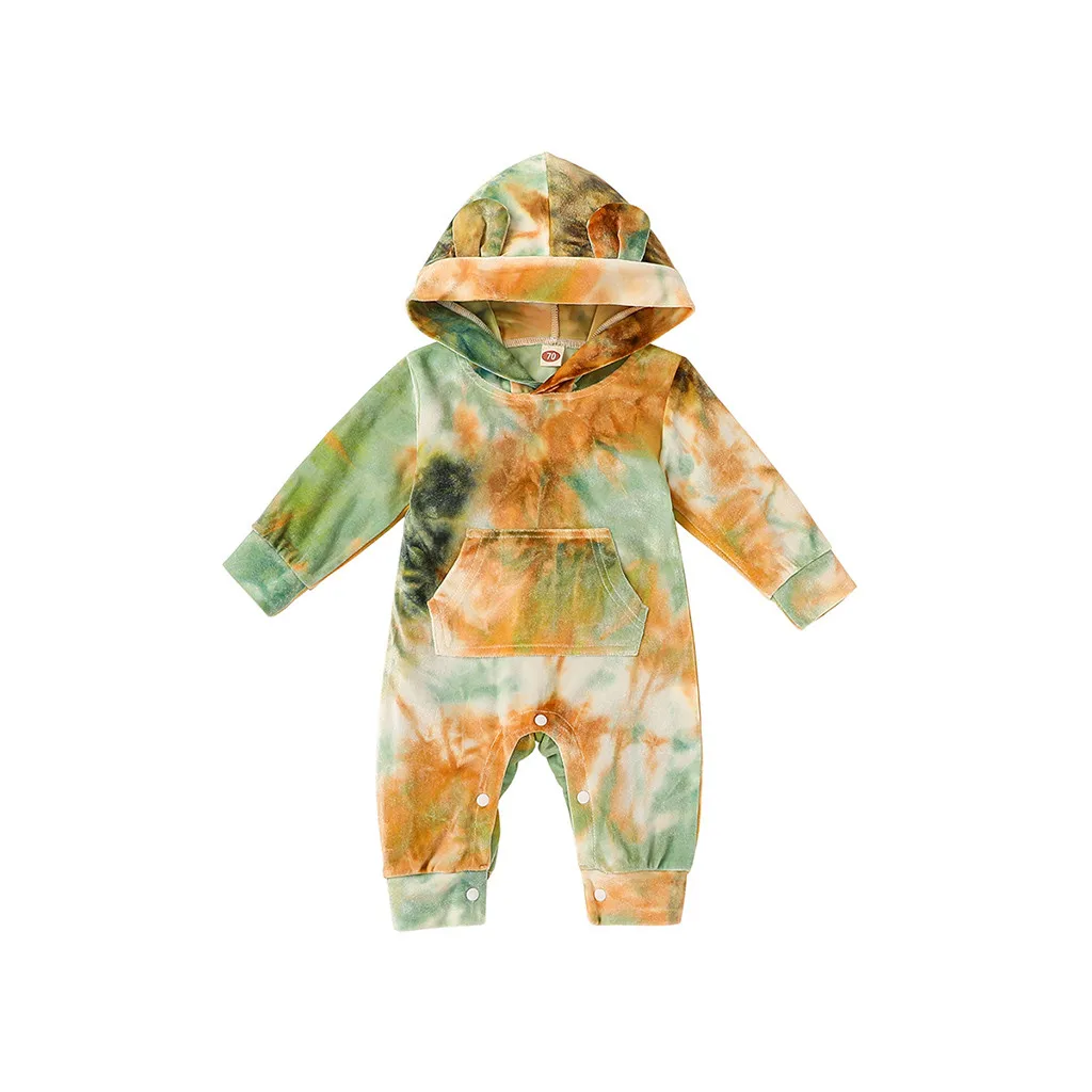 

Newborn Baby Boys Girls 0-12M Clothes Long Sleeve Tie-Dye Printed Hooded Romper Jumpsui
