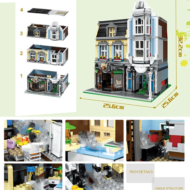 

Qunlong High-tech Bookstore Creative Commercial Street View Model Assembled Building Block Toys Adult Gifts