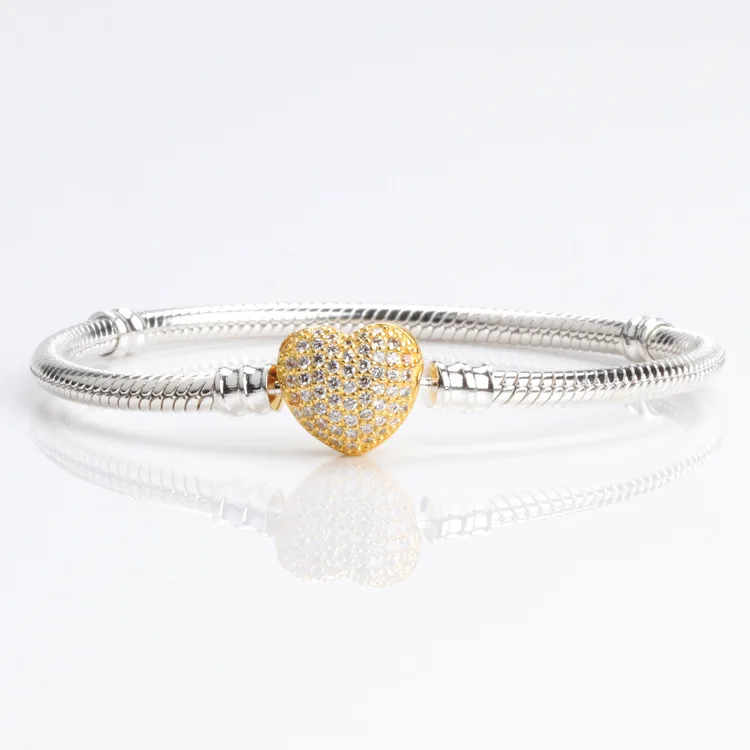 

925 Sterling Silver Gold Color Moments Pave Heart Clasp With Crystal pan Bracelet Bangle Fit Bead Charm Diy Europe Jewelry