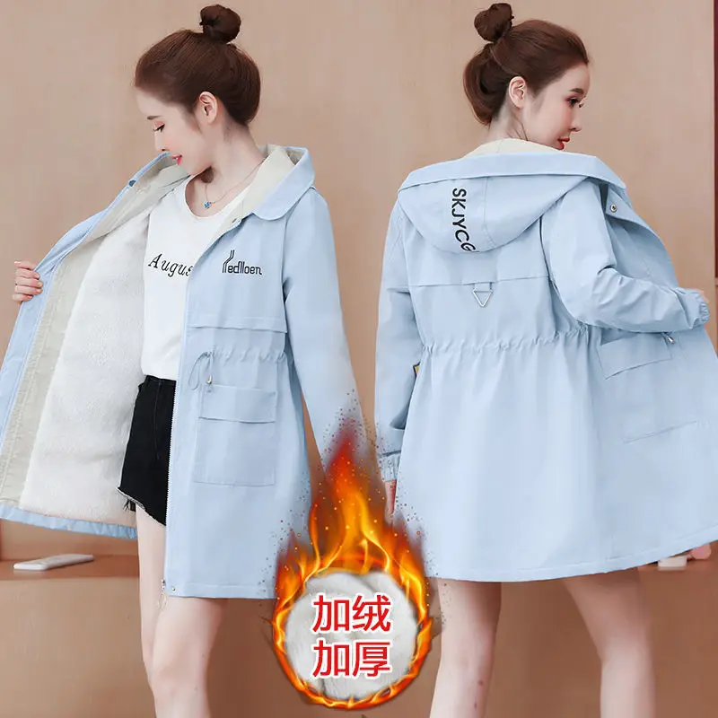 

Women Plus Velvet Thick Autumn Winter Jacket 2021 Female New Fashion Korean Loose Western Style Slim Mid-length Windbreaker A328