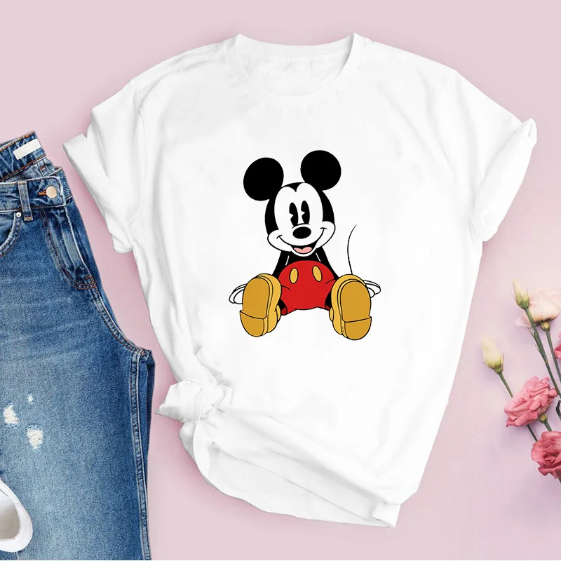 

Women's Disney T-Shirts 2021 Fashion Classic Cartoon Mickey Print Short-sleeve Casual Streetwear Top Pullover White Tee for Lady
