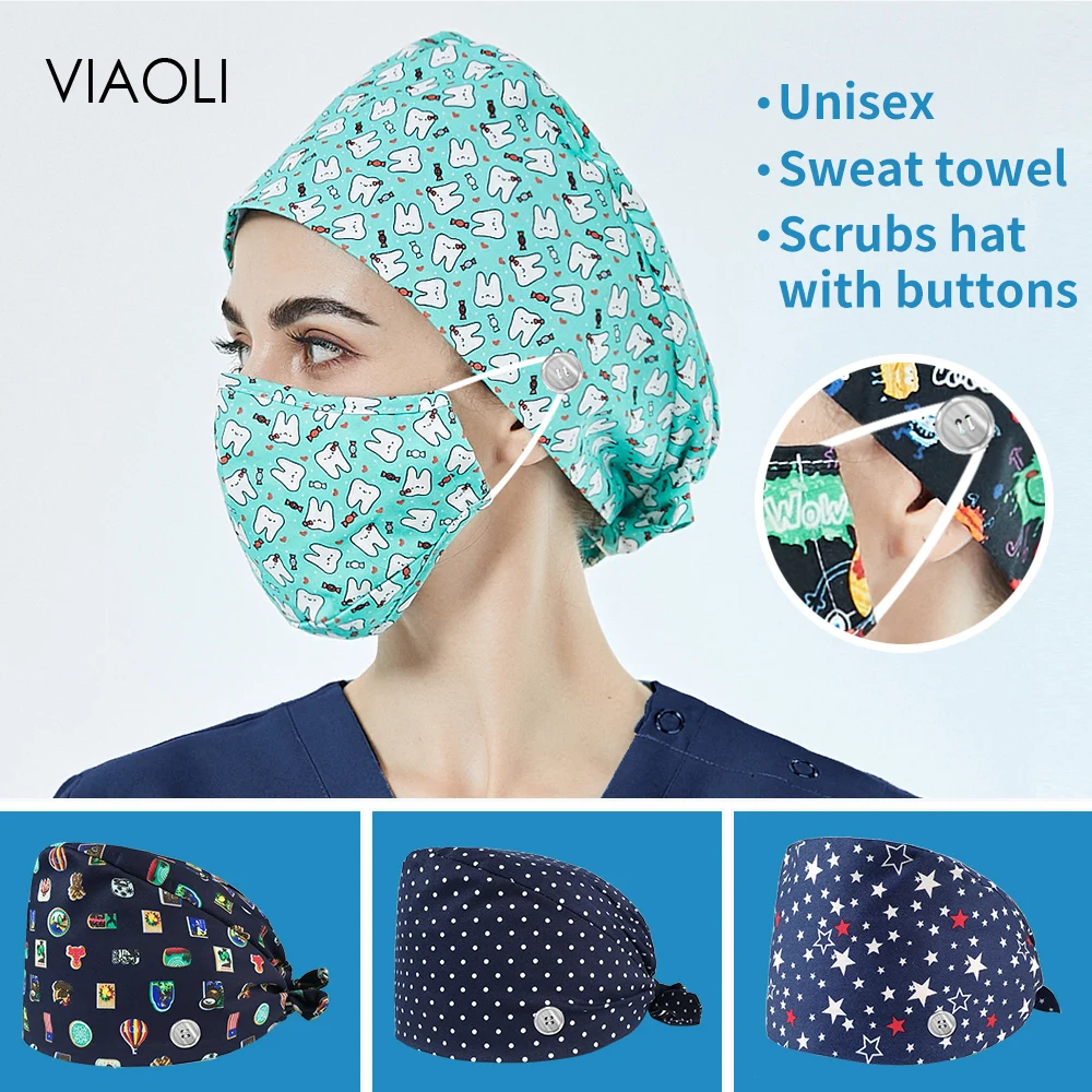 Шапка для медсестры с завязкой сзади хлопковый головной убор рисунком
