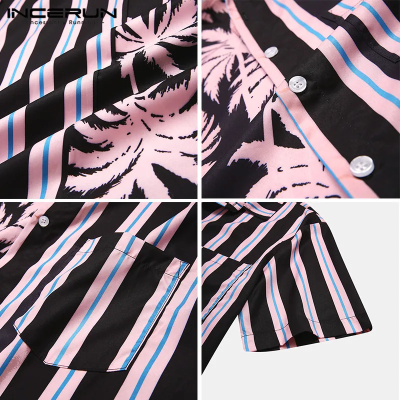 

Summer Men Hawaiian Shirt Streetwear Short Sleeve 2021 Lapel Print Stripe Patchwork Casual Beach Blouse Camisa Masculina INCERUN