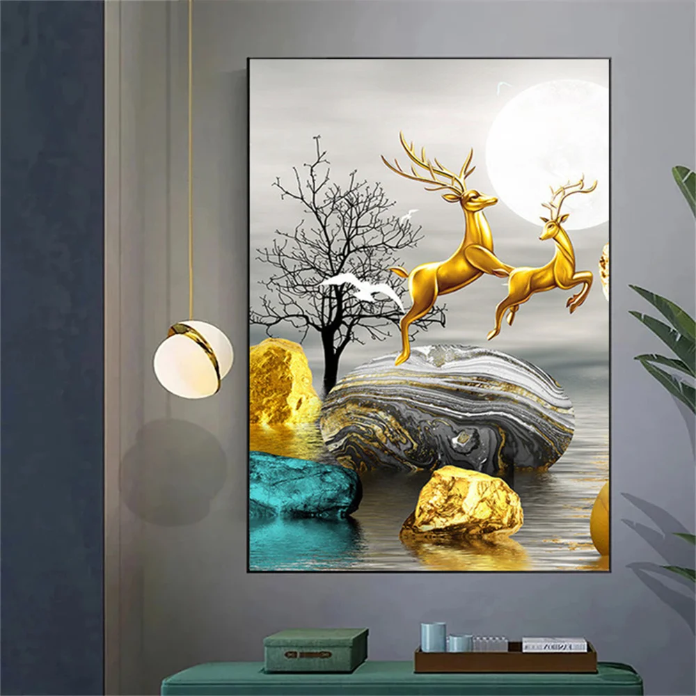 

Home Decor Golden Elk Canvas Prints Wall Art Painting Colored Stones Posters and Prints Wall Picture For Living Room Cuadros