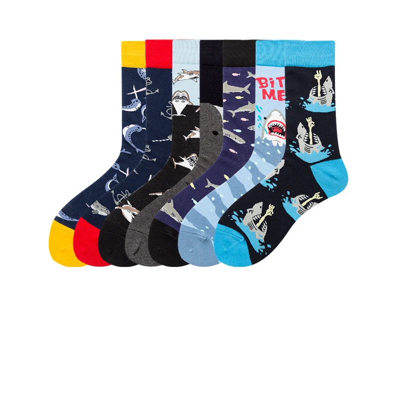 Качественные мужские счастливые носки с листьями белкой божьей коровкой 7 цветов